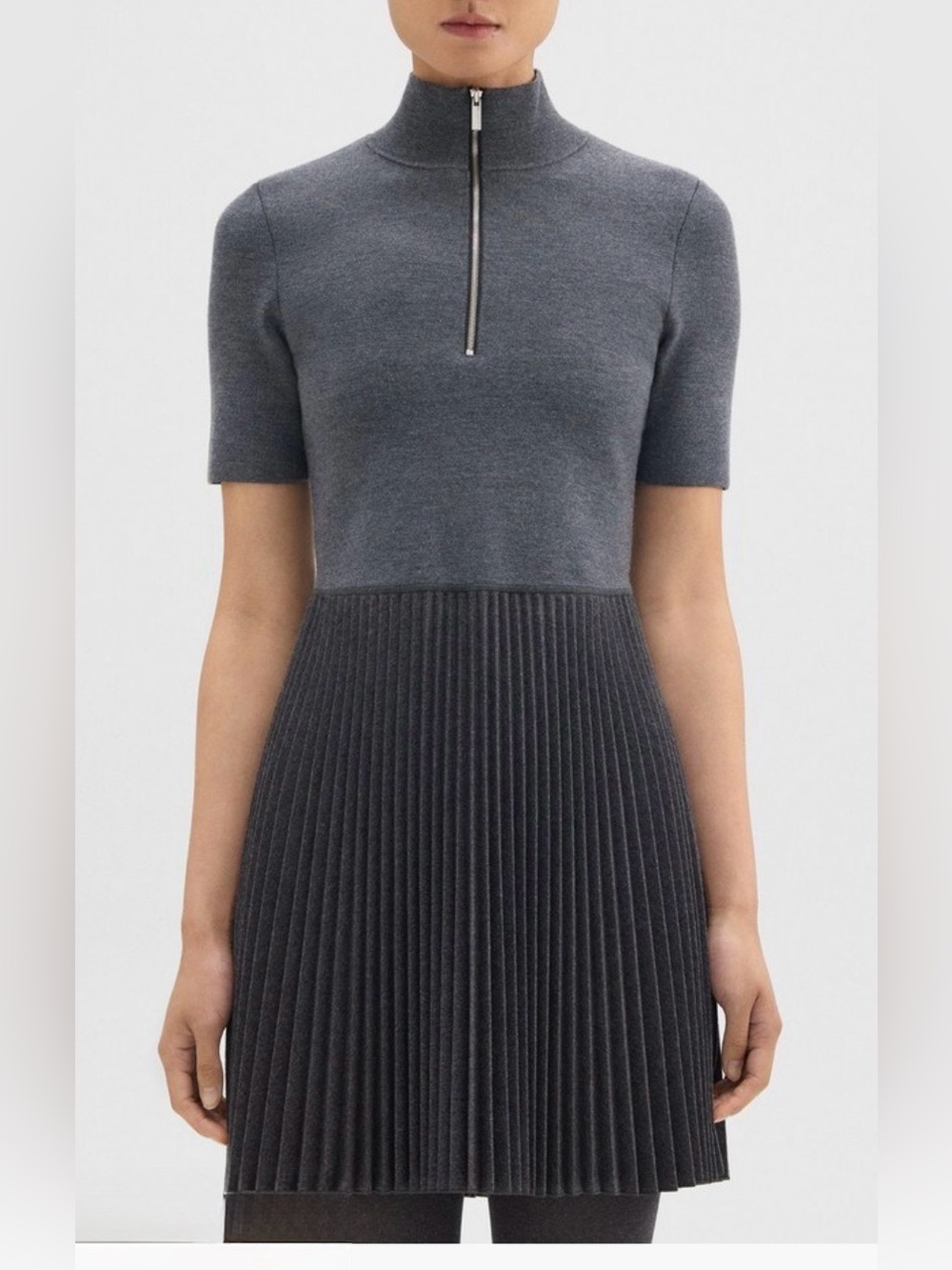 Theory Zip-Up Combo Wool Flannel Pleated Mini Dress Gray S